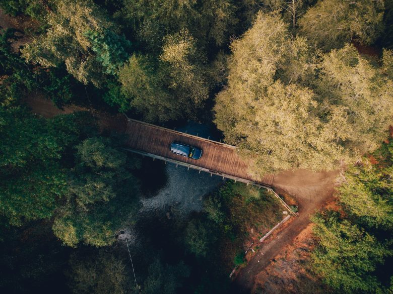 Aerial view of a single car crossing a wooden bridge surrounded by lush trees in a dense forest of Big Sur, illustrating a serene road trip through nature