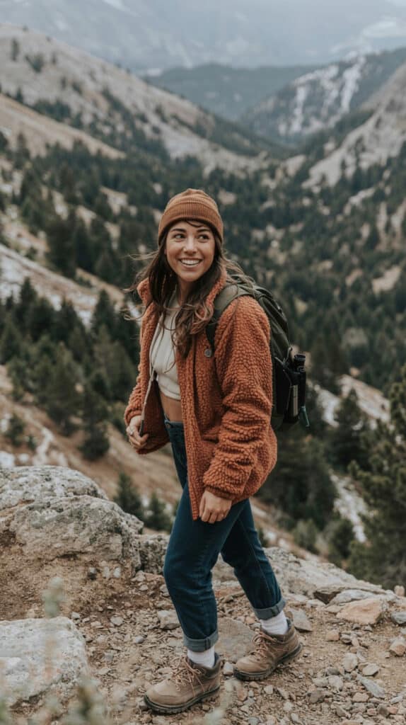 smiling-hiker-in-rust-fleece-jacket-beanie-rocky-mountain-trail-cute-hiking-outfit-spring-cold-weather