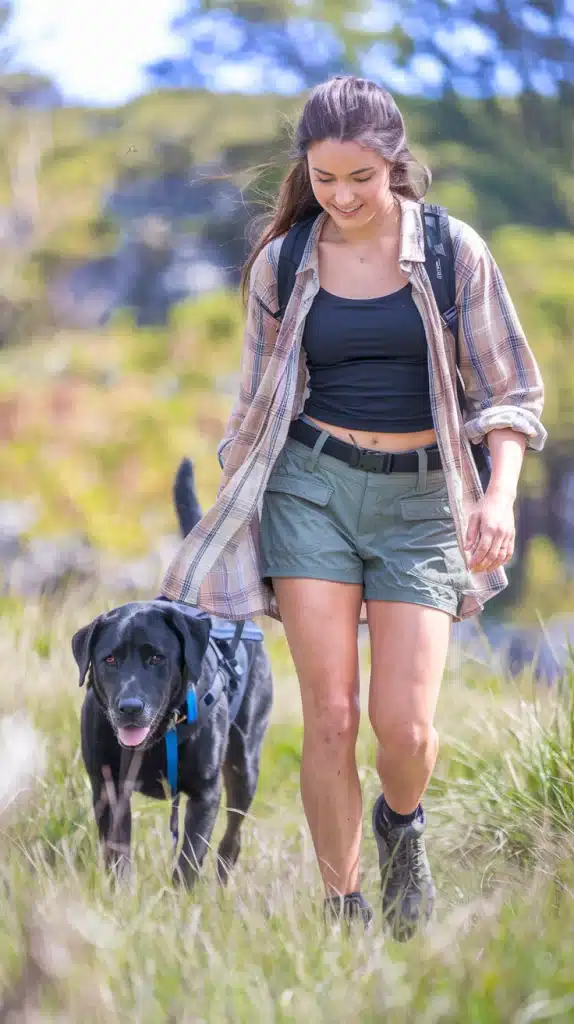 woman-hiking-with-black-labrador-wearing-plaid-shirt-and-cargo-shorts-cute-hiking-outfits-summer
