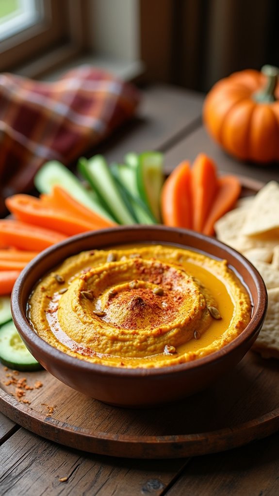 autumn themed pumpkin hummus presentation