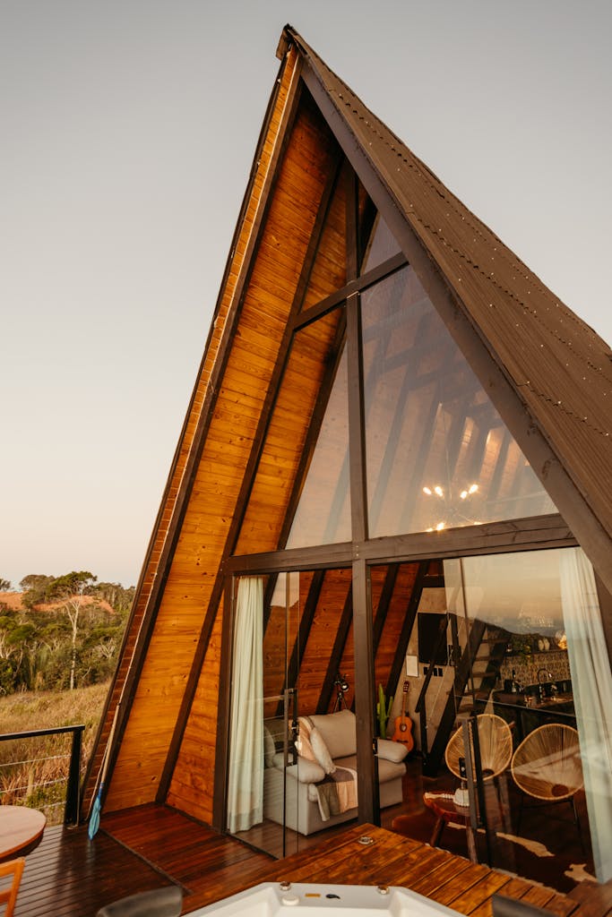 A stunning A-frame wooden cabin in Santa Teresa, Brazil, perfect for a luxury vacation.