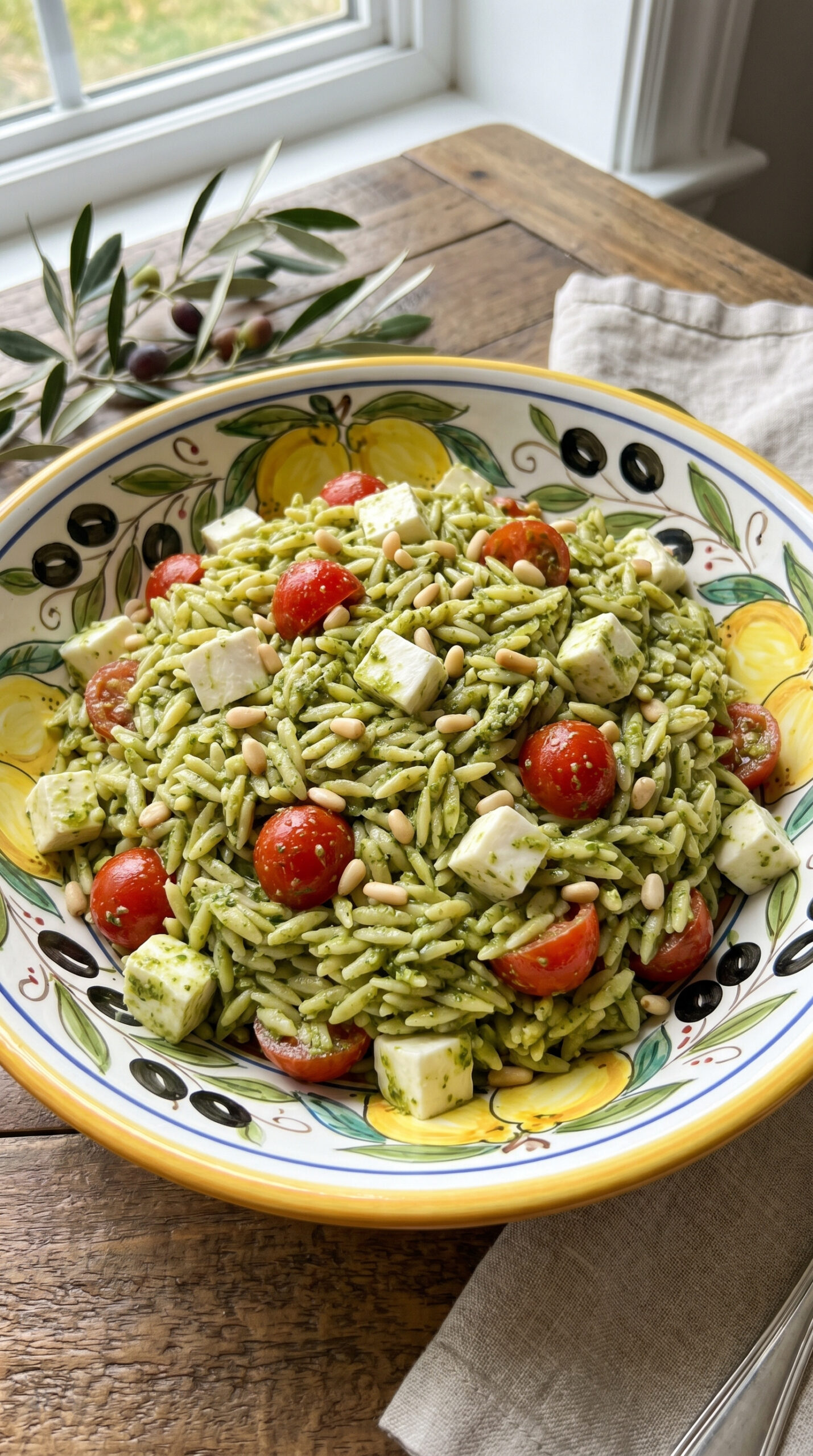 Cold Pesto Orzo Salad with Mozzarella