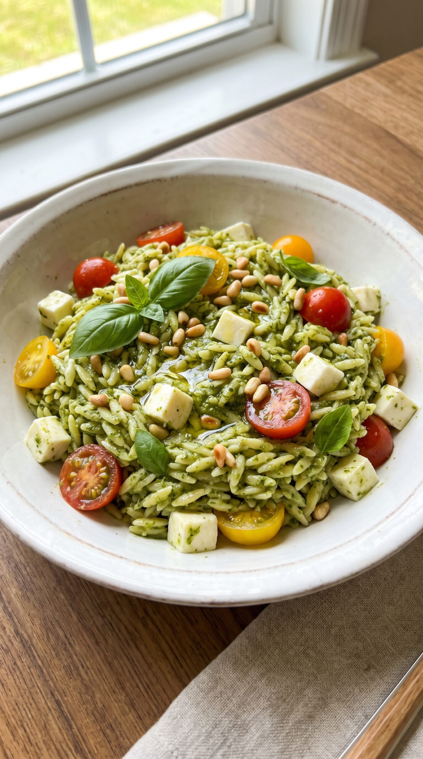 Cold Pesto Orzo Salad with Mozzarella