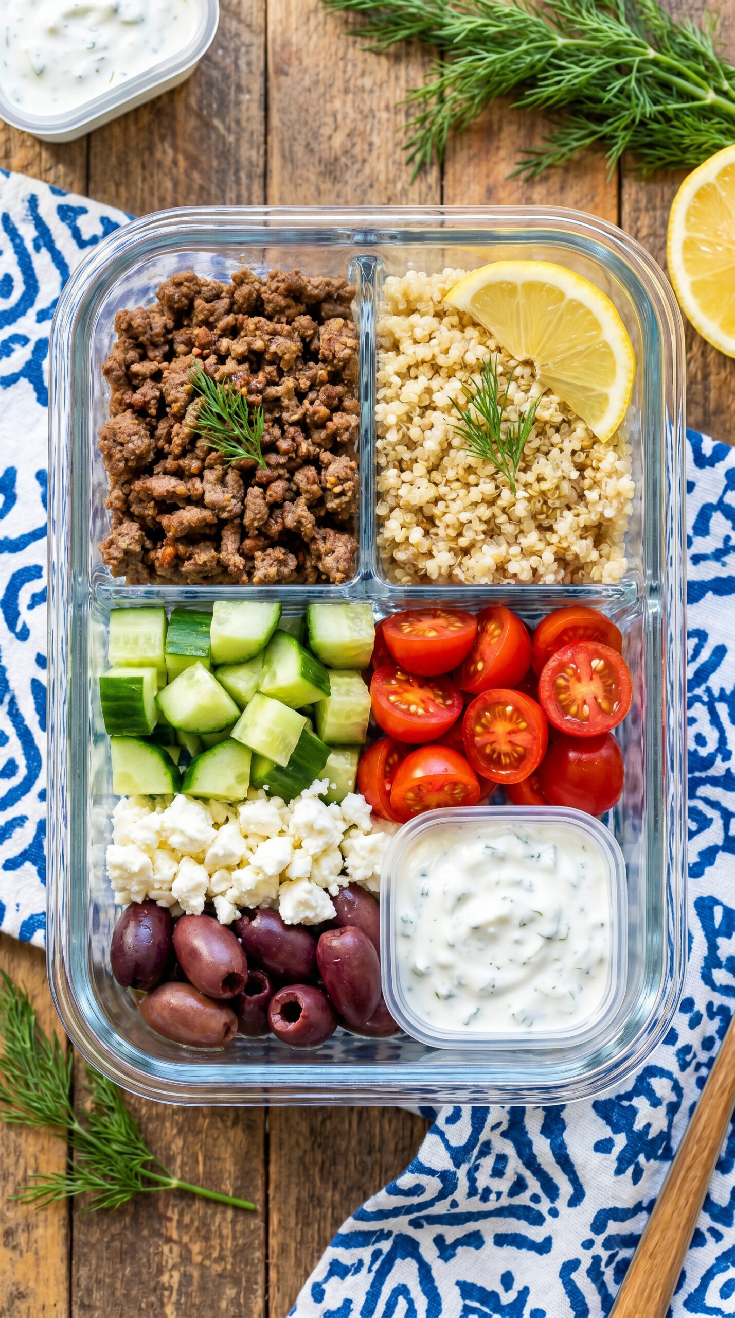 Greek Ground Beef Quinoa Bowl with Feta and Tzatziki