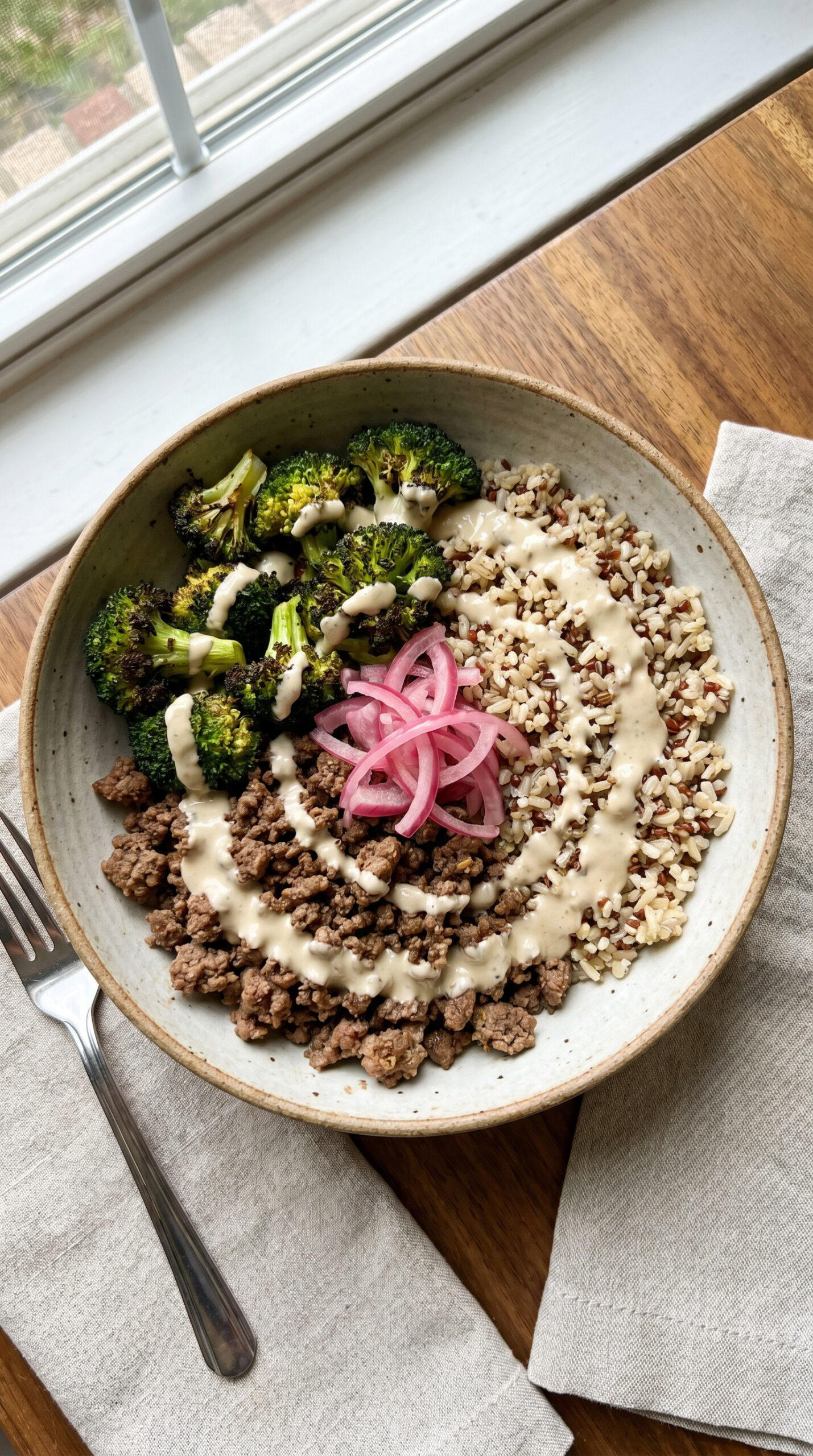 Roasted Broccoli Ground Beef Bowls with Tahini