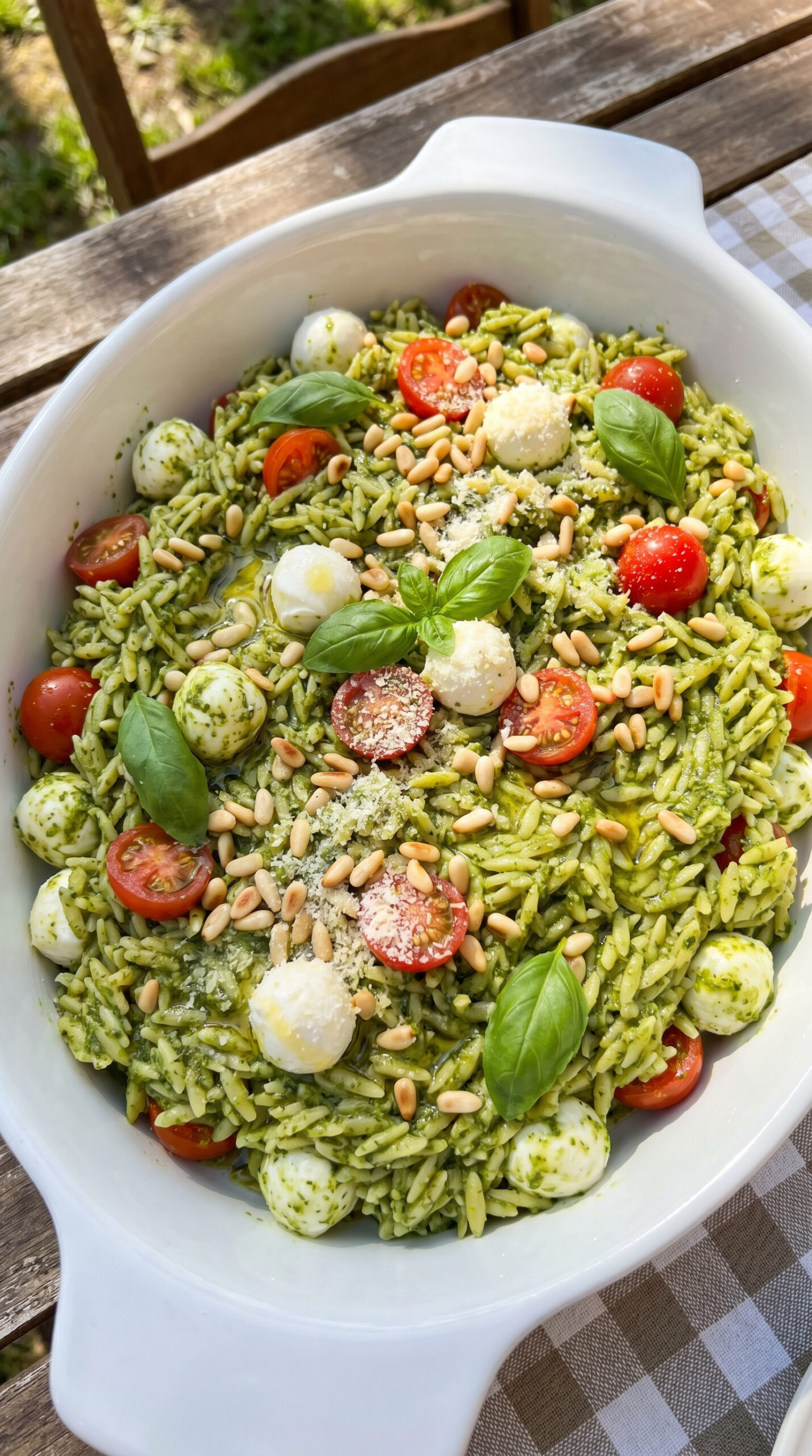 Cold Pesto Orzo Salad with Mozzarella