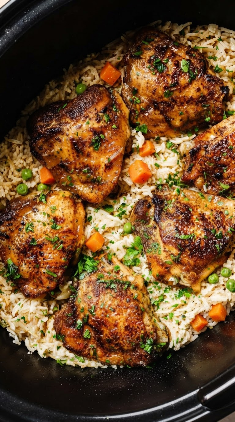 One Pot Crockpot Chicken Thighs and Rice