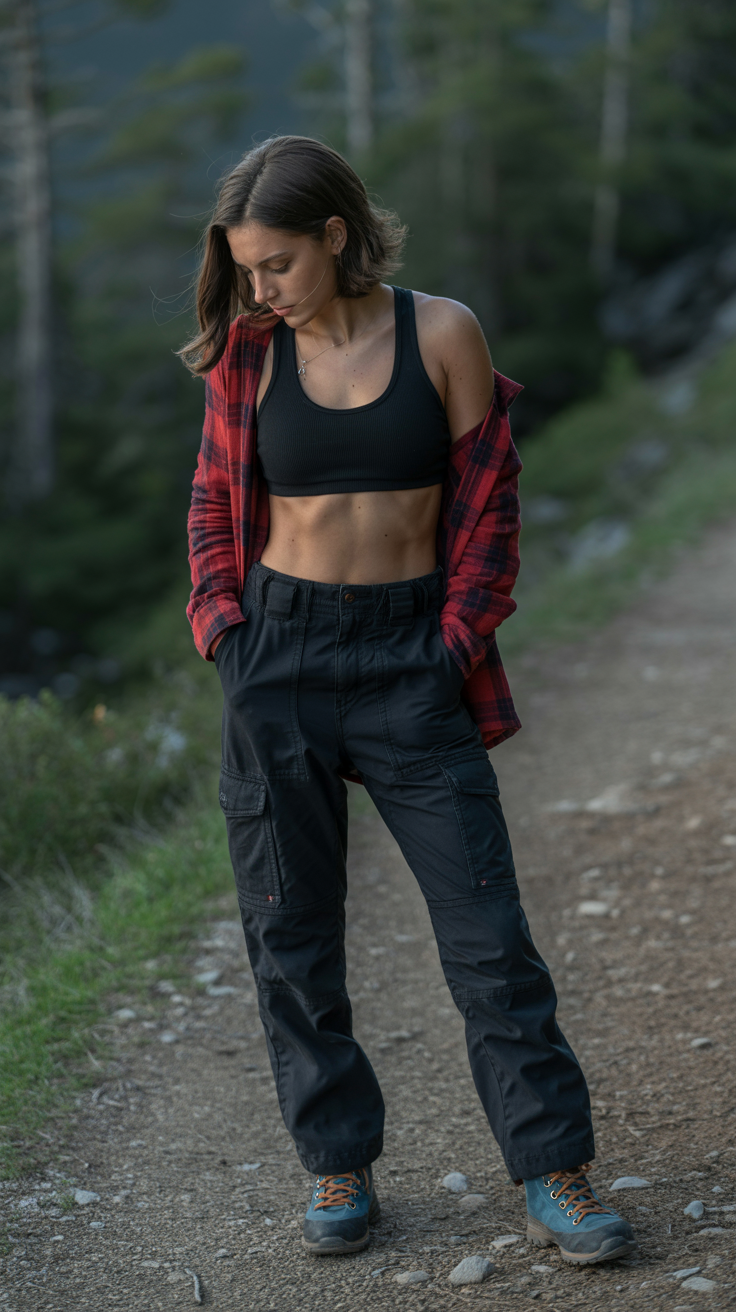 Cargo Pants and Flannel and Sports Bra