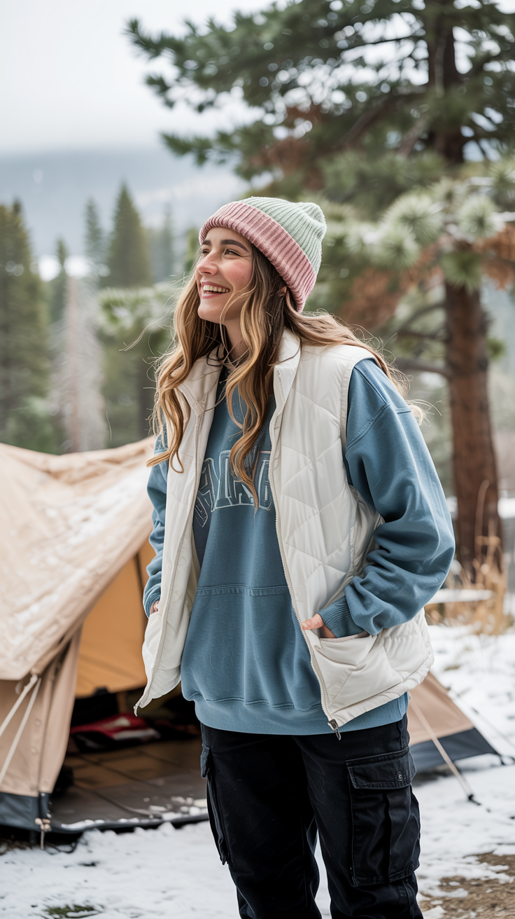 Cargo Pants and Graphic Tee and Puffy Vest