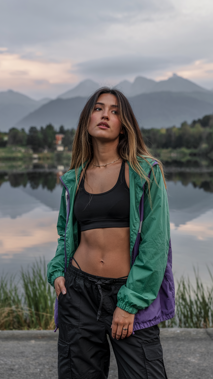 Cargo Pants and Longline Sports Bra and Windbreaker
