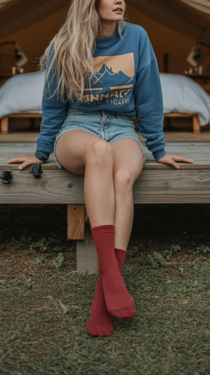 Denim Shorts and Graphic Sweatshirt and High Socks