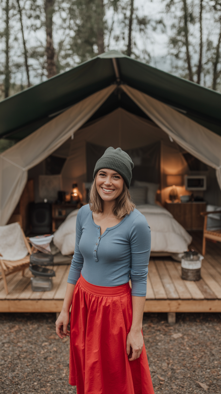 Midi Skirt and Henley Top and Beanie