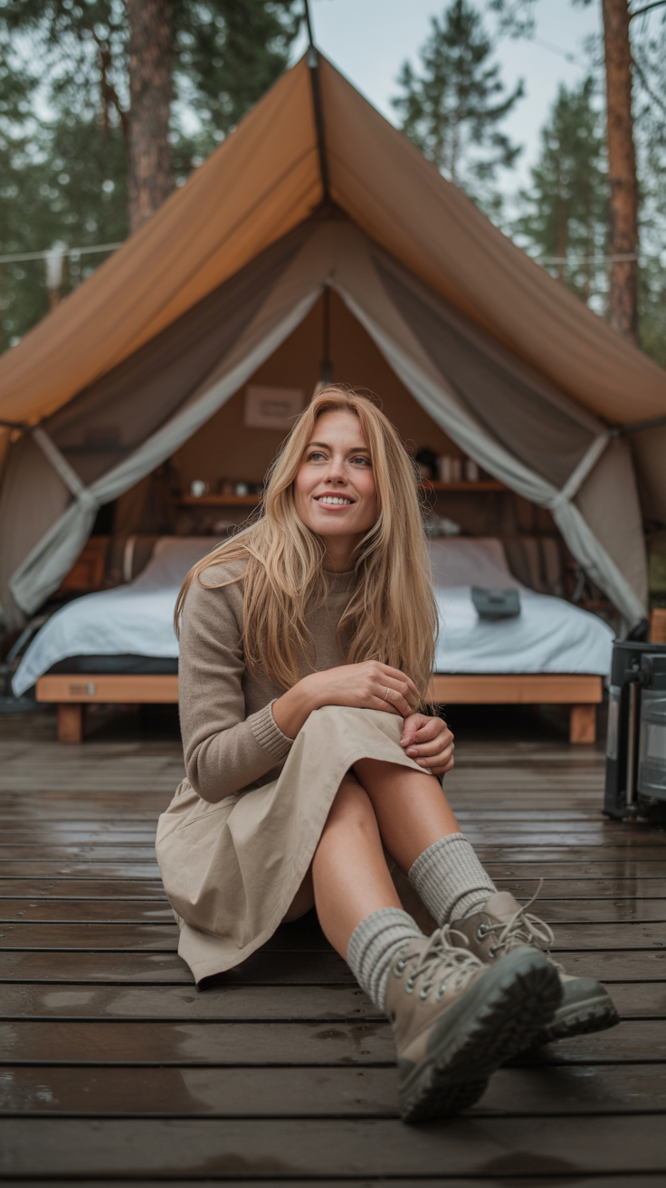 Sweater Dress and Hiking Socks and Rain Boots