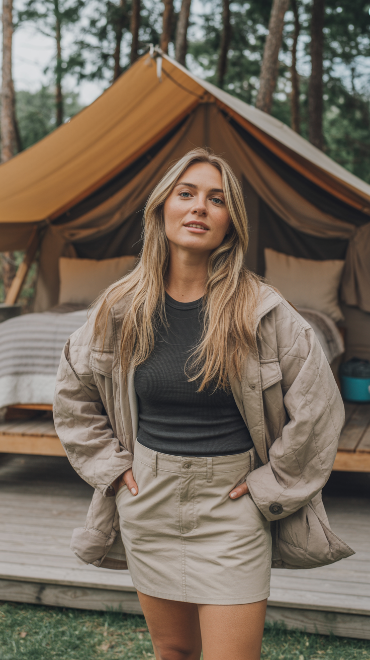 Utility Skort and Thermal Tee and Quilted Jacket